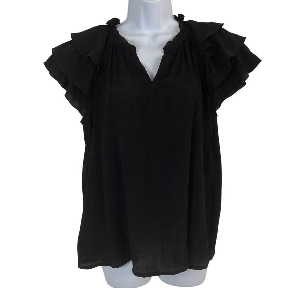 Nanette Lepore Women's M Black Ruffle Tiered Sleeve Split V-Neck Blouse Top Chic